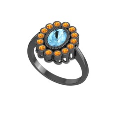 Rayiha Yüzük - Akuamarin ve sitrin 925 ayar siyah rodyum kaplama gümüş yüzük #4og01p
