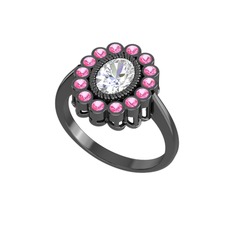 Swarovski ve pembe kuvars 925 ayar siyah rodyum kaplama gümüş yüzük