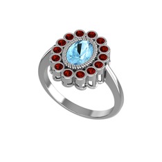 Akuamarin ve garnet 18 ayar beyaz altın yüzük