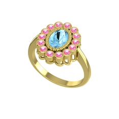 Akuamarin ve pembe kuvars 925 ayar altın kaplama gümüş yüzük