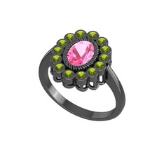 Rayiha Yüzük - Pembe kuvars ve peridot 925 ayar siyah rodyum kaplama gümüş yüzük #p4fzhi