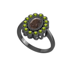 Rayiha Yüzük - Dumanlı kuvars ve peridot 925 ayar siyah rodyum kaplama gümüş yüzük #q80kz9