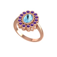 Akuamarin ve ametist 14 ayar rose altın yüzük