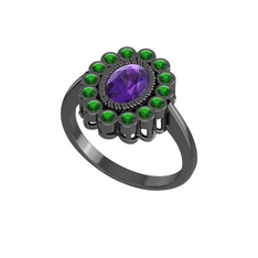 Ametist ve yeşil kuvars 925 ayar siyah rodyum kaplama gümüş yüzük