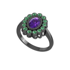 Ametist ve kök zümrüt 925 ayar siyah rodyum kaplama gümüş yüzük