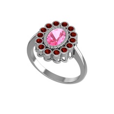 Pembe kuvars ve garnet 8 ayar beyaz altın yüzük