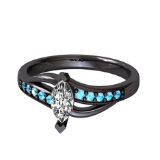 Beyaz zirkon ve akuamarin 925 ayar siyah rodyum kaplama gümüş yüzük