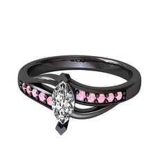 Swarovski ve pembe kuvars 925 ayar siyah rodyum kaplama gümüş yüzük