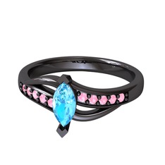 Akuamarin ve pembe kuvars 925 ayar siyah rodyum kaplama gümüş yüzük