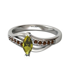 Peridot ve dumanlı kuvars 18 ayar beyaz altın yüzük