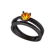 Neda İkili Tektaş Alyans - Sitrin ve siyah zirkon 925 ayar siyah rodyum kaplama gümüş yüzük #119kvmg