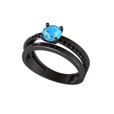Neda İkili Tektaş Alyans - Akuamarin ve siyah zirkon 925 ayar siyah rodyum kaplama gümüş yüzük #11q9fyd