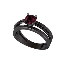 Neda İkili Tektaş Alyans - Kök yakut ve siyah zirkon 925 ayar siyah rodyum kaplama gümüş yüzük #16om9lc