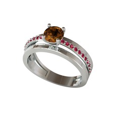 Neda İkili Tektaş Alyans - Dumanlı kuvars ve rodolit garnet 8 ayar beyaz altın yüzük #17zzq27