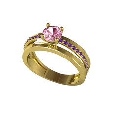 Neda İkili Tektaş Alyans - Pembe kuvars ve ametist 18 ayar altın yüzük #1hpo5zi