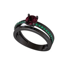 Neda İkili Tektaş Alyans - Kök yakut ve yeşil kuvars 925 ayar siyah rodyum kaplama gümüş yüzük #1kzbjbh