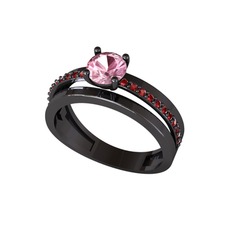 Neda İkili Tektaş Alyans - Pembe kuvars ve garnet 925 ayar siyah rodyum kaplama gümüş yüzük #1mcv7iv