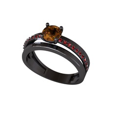 Neda İkili Tektaş Alyans - Dumanlı kuvars ve garnet 925 ayar siyah rodyum kaplama gümüş yüzük #1o988qz