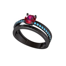 Neda İkili Tektaş Alyans - Rodolit garnet ve akuamarin 925 ayar siyah rodyum kaplama gümüş yüzük #1vmwbof