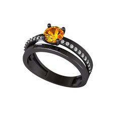 Neda İkili Tektaş Alyans - Sitrin ve swarovski 925 ayar siyah rodyum kaplama gümüş yüzük #1vqk262