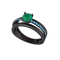 Neda İkili Tektaş Alyans - Kök zümrüt ve akuamarin 925 ayar siyah rodyum kaplama gümüş yüzük #1w00vvv