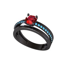 Neda İkili Tektaş Alyans - Garnet ve akuamarin 925 ayar siyah rodyum kaplama gümüş yüzük #1we7mfl
