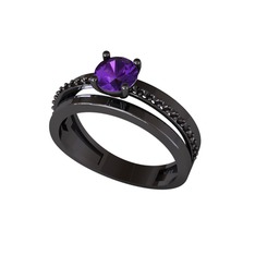 Neda İkili Tektaş Alyans - Ametist ve pembe kuvars 925 ayar siyah rodyum kaplama gümüş yüzük #h84ggi