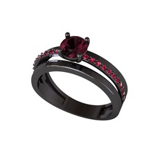 Neda İkili Tektaş Alyans - Kök yakut ve rodolit garnet 925 ayar siyah rodyum kaplama gümüş yüzük #l06owu