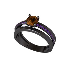 Neda İkili Tektaş Alyans - Dumanlı kuvars ve ametist 925 ayar siyah rodyum kaplama gümüş yüzük #qv2u8z
