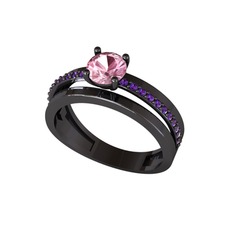 Neda İkili Tektaş Alyans - Pembe kuvars ve ametist 925 ayar siyah rodyum kaplama gümüş yüzük #tve7gf