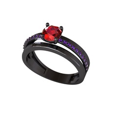 Neda İkili Tektaş Alyans - Garnet ve ametist 925 ayar siyah rodyum kaplama gümüş yüzük #udpt1n