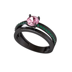 Neda İkili Tektaş Alyans - Pembe kuvars ve kök zümrüt 925 ayar siyah rodyum kaplama gümüş yüzük #y2wqx2