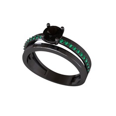 Neda İkili Tektaş Alyans - Siyah zirkon ve yeşil kuvars 925 ayar siyah rodyum kaplama gümüş yüzük #yfi8o9