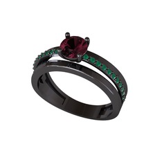 Neda İkili Tektaş Alyans - Kök yakut ve kök zümrüt 925 ayar siyah rodyum kaplama gümüş yüzük #z7874l