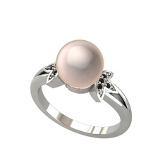 Lotus Çiçeği İnci Yüzük - Pembe inci ve siyah zirkon 8 ayar beyaz altın yüzük #1535twy