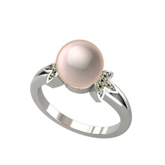 Lotus Çiçeği İnci Yüzük - Pembe inci ve peridot 18 ayar beyaz altın yüzük #15k0psx