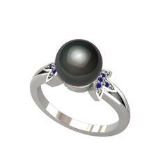 Lotus Çiçeği İnci Yüzük - Siyah inci ve lab safir 8 ayar beyaz altın yüzük #1evgnz1