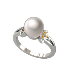 Lotus Çiçeği İnci Yüzük - Inci ve sitrin 8 ayar beyaz altın yüzük #1f1l55r