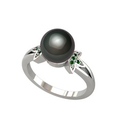 Lotus Çiçeği İnci Yüzük - Siyah inci ve yeşil kuvars 14 ayar beyaz altın yüzük #1n4wr2g