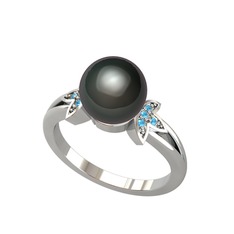 Lotus Çiçeği İnci Yüzük - Siyah inci ve akuamarin 18 ayar beyaz altın yüzük #3awy67