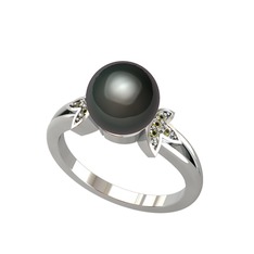 Lotus Çiçeği İnci Yüzük - Siyah inci ve peridot 925 ayar gümüş yüzük #5addge