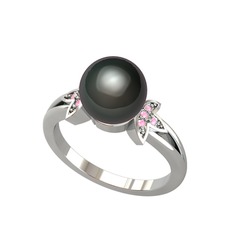 Siyah inci ve pembe kuvars 8 ayar beyaz altın yüzük