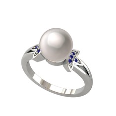 Lotus Çiçeği İnci Yüzük - Inci ve lab safir 14 ayar beyaz altın yüzük #l536hs