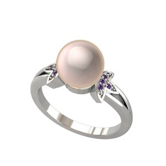 Lotus Çiçeği İnci Yüzük - Pembe inci ve ametist 14 ayar beyaz altın yüzük #nciw1