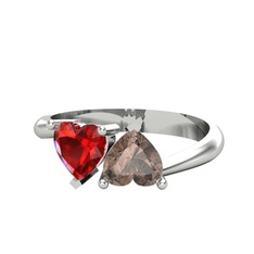 İkili Ena Kalp Yüzük - Garnet ve dumanlı kuvars 14 ayar beyaz altın yüzük #10pi9pa