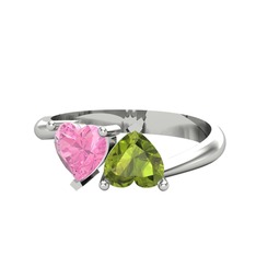 Pembe kuvars ve peridot 14 ayar beyaz altın yüzük