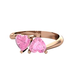 İkili Ena Kalp Yüzük - Pembe kuvars 14 ayar rose altın yüzük #11hkr89