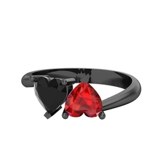 İkili Ena Kalp Yüzük - Siyah zirkon ve garnet 925 ayar siyah rodyum kaplama gümüş yüzük #11n1syq