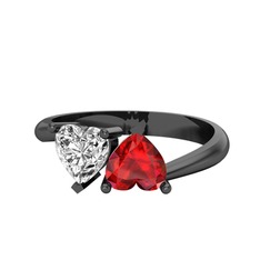 İkili Ena Kalp Yüzük - Swarovski ve garnet 925 ayar siyah rodyum kaplama gümüş yüzük #12zajos