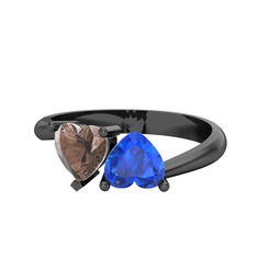 İkili Ena Kalp Yüzük - Dumanlı kuvars ve lab safir 925 ayar siyah rodyum kaplama gümüş yüzük #1328u8v